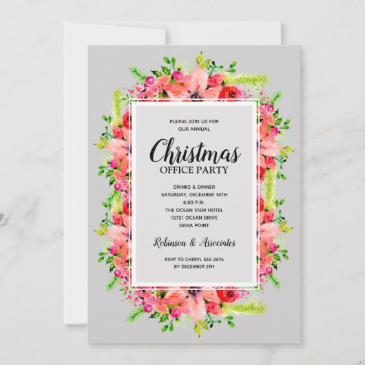 グリーンリーポインセティアスフローラクリスマス招待状 (正面)