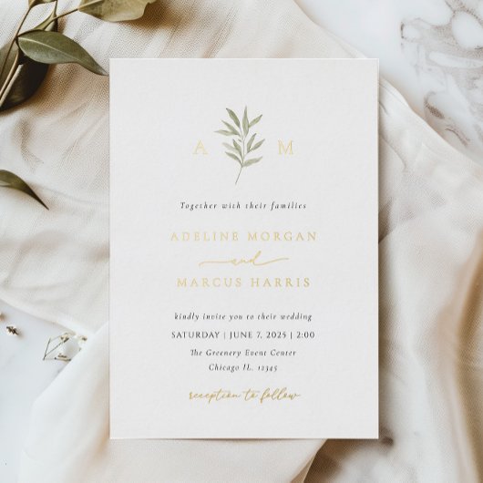 グリーンリーミニマルオリーブブランチ結婚式招待状 箔招待状