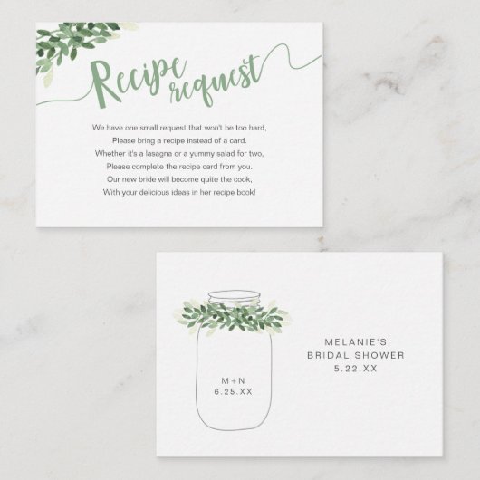 グリーンリーメイソンジャーブライダルシャワーレシピリクエスト エンクロージャーカード (正面/裏面)