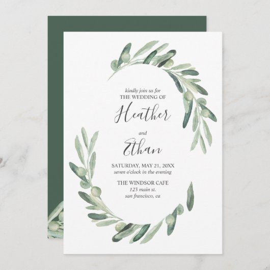グリーンリーモダンオリーブ手書き結婚フォント 招待状 (正面/裏面)