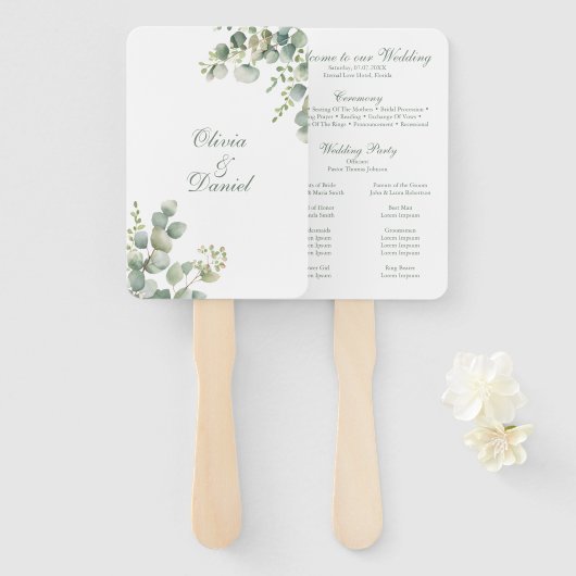 グリーンリーモダンユーカリ結婚式 プログラム ハンドファン (正面&裏面)