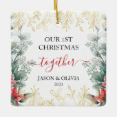 グリーンリーモノリンフラワー初めてのクリスマスの統合 セラミックオーナメント (正面)