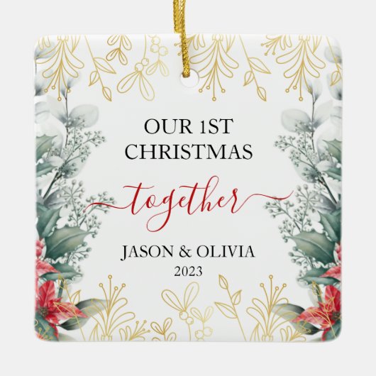 グリーンリーモノリンフラワー初めてのクリスマスの統合 セラミックオーナメント (正面)