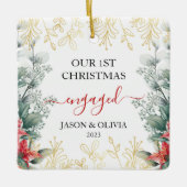 グリーンリーモノリンフラワー初めてのクリスマス 婚約した セラミックオーナメント (正面)