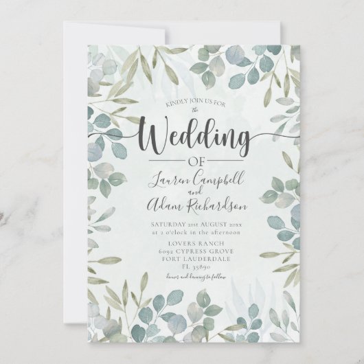 グリーンリーユーカリプトゥスウォーターカラー結婚式招待状 招待状 (正面)