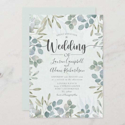 グリーンリーユーカリプトゥスウォーターカラー結婚式招待状 招待状 (正面/裏面)