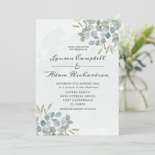 グリーンリーユーカリプトゥスウォーターカラー結婚式招待状 招待状 (スタンド正面)