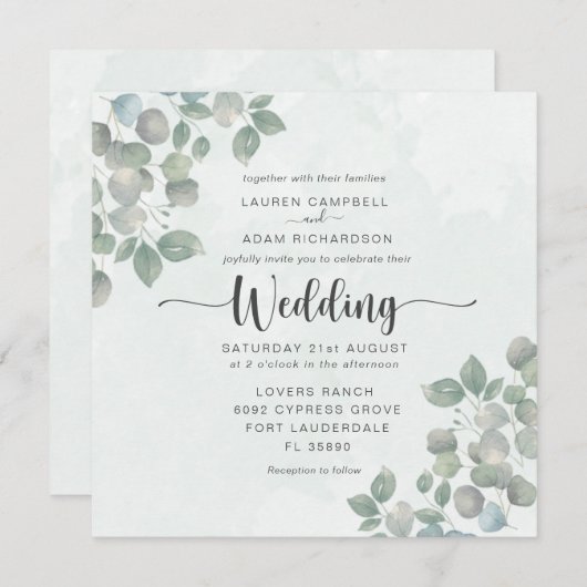 グリーンリーユーカリプトゥスウォーターカラー結婚式招待状 招待状 (正面/裏面)