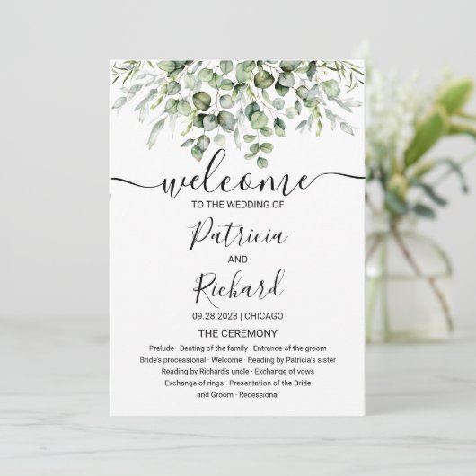 グリーンリーユーカリプトゥスウォーターカラー結婚式 プログラム (スタンド正面)