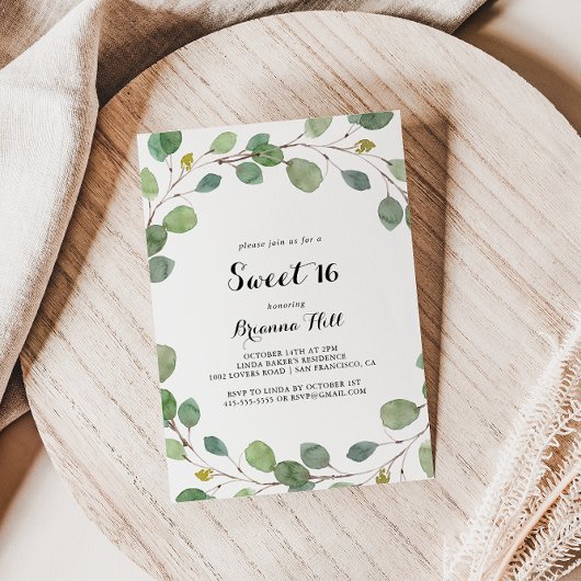 グリーンリーユーカリプトゥススウィート16バースデーパーティー 招待状