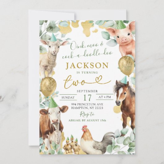 グリーンリーユーカリプトゥスリーフファームアニマルボーイ誕生日 招待状 (正面)