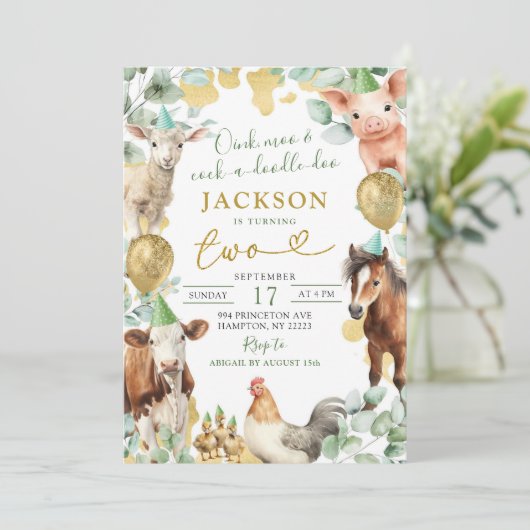 グリーンリーユーカリプトゥスリーフファームアニマルボーイ誕生日 招待状 (スタンド正面)