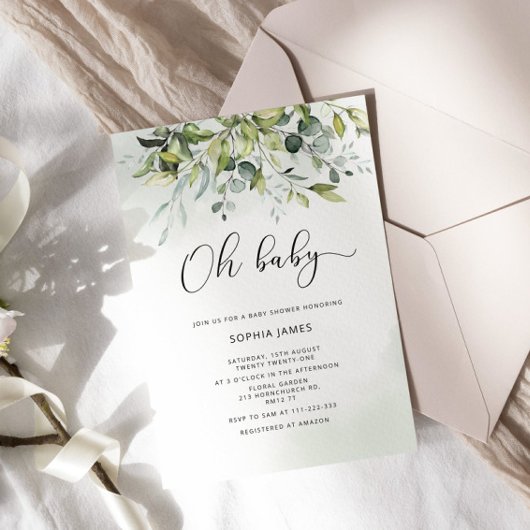 グリーンリーユーカリプトゥスOhベビーベビーシャワー 招待状