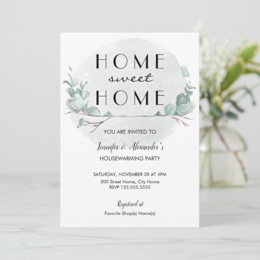 グリーンリーユーカリ引っ越し祝いパーティーパーティの招待状 招待状 (スタンド正面)