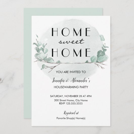 グリーンリーユーカリ引っ越し祝いパーティーパーティの招待状 招待状 (正面/裏面)