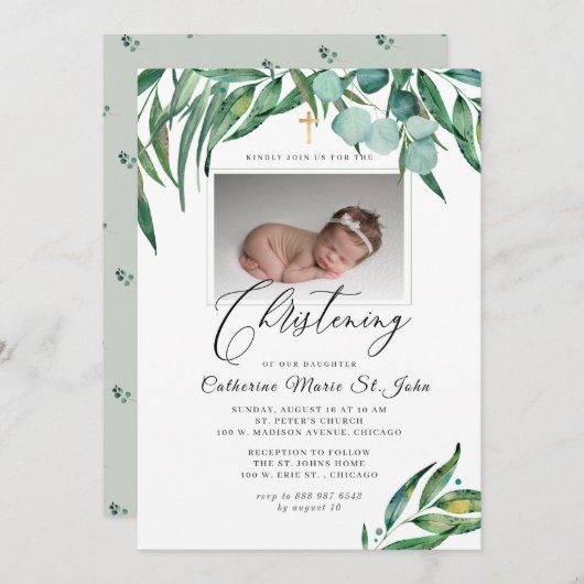 グリーンリーユー素朴カリプタスフォト《キリスト教》洗礼式や命名式 招待状 (正面/裏面)