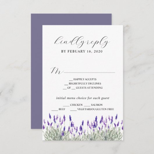グリーンリーラベンダー薄紫パープルリラウェディングRSVP E エンクロージャーカード (正面/裏面)