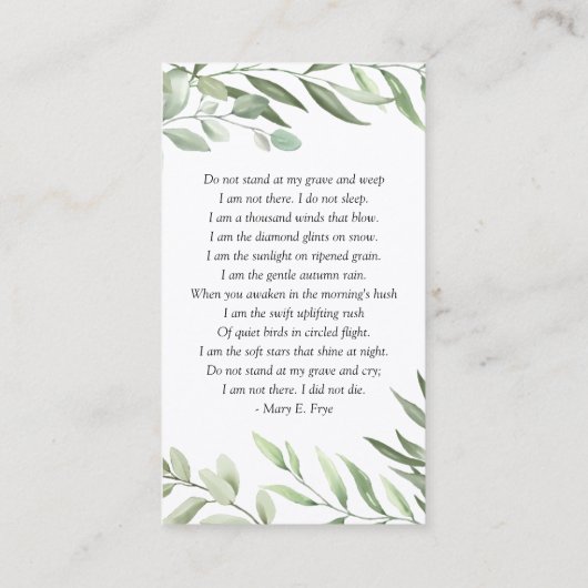 グリーンリーラミネートフォト葬儀祈りの言葉カード 名刺 (裏面)