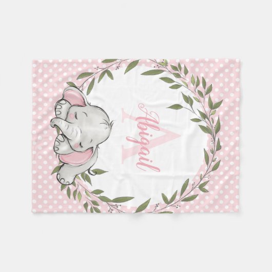 グリーンリーリースピンクエレファントガパーソナライズされたール フリースブランケット (正面(横))
