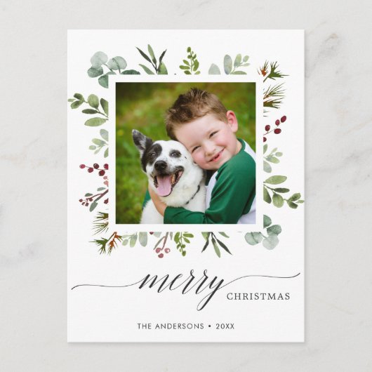 グリーンリーレッドベリーホリデーフォトポストカード シーズンポストカード (正面)