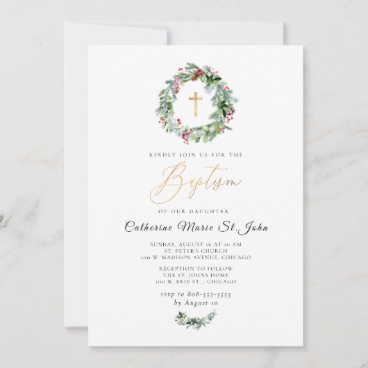 グリーンリー冬リースフェイク金ゴールド洗礼 招待状 (正面)
