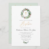 グリーンリー冬リースフェイク金ゴールド洗礼 招待状 (正面/裏面)