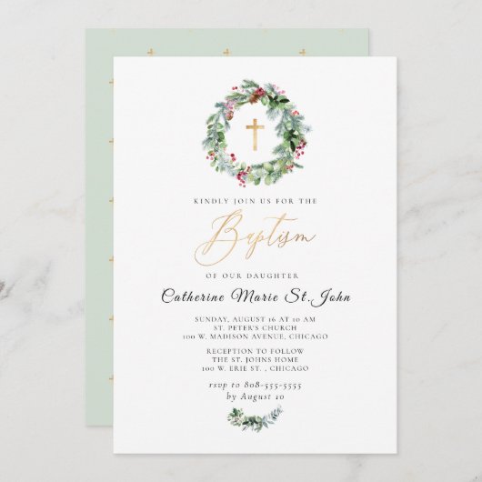 グリーンリー冬リースフェイク金ゴールド洗礼 招待状 (正面/裏面)