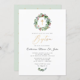 グリーンリー冬リースフェイク金ゴールド洗礼 招待状