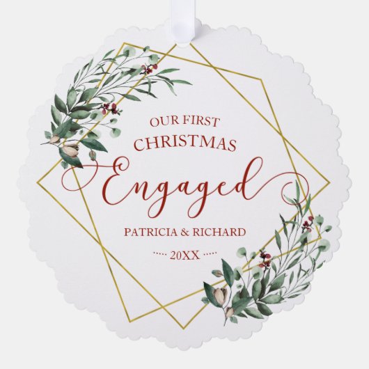 グリーンリー幾何学私たちの初めてのクリスマス 婚約した オーナメントカード (正面)