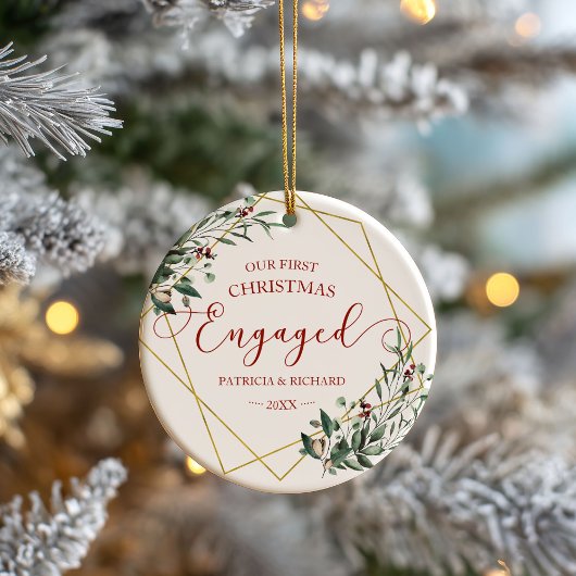 グリーンリー幾何学私たちの初めてのクリスマス 婚約した セラミックオーナメント