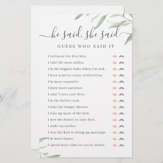 グリーンリー彼は彼女はブライダルシャワーゲームと言った (正面/裏面)