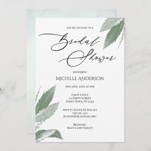 グリーンリー植物学葉ブライダルシャワー 招待状 (正面/裏面)