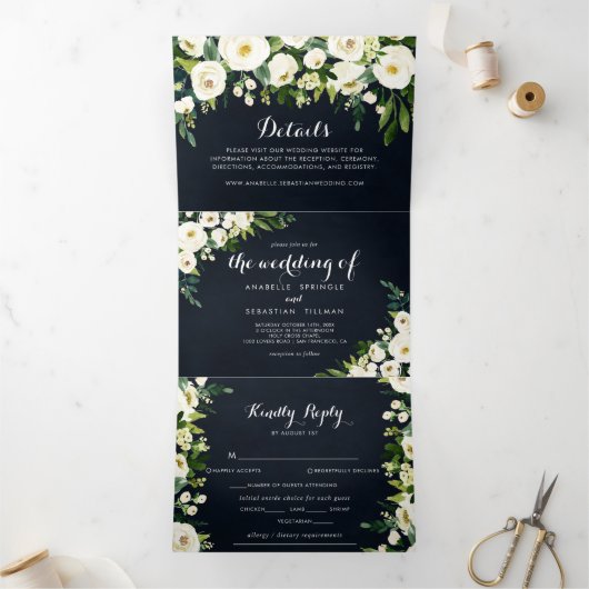 グリーンリー白王室のフローラブ結婚ルー 三つ折り招待状 (内部)