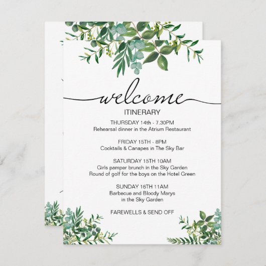 グリーンリー結婚ズの週末の旅程へようこそ エンクロージャーカード (正面/裏面)