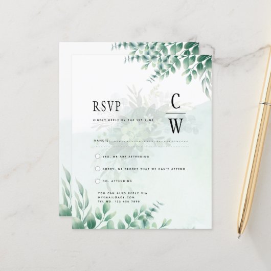 グリーンリー結婚金ゴールドのユーカリRSVP QRコード (正面/裏面インサイチュ)