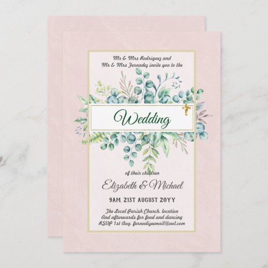 グリーンリー結婚・カトリックの予算モダン 招待状 (正面/裏面)