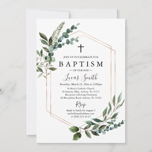 グリーンリー金ゴールドクロスバプテスマ招待状《キリスト教》洗礼式や命名式 招待状 (正面)