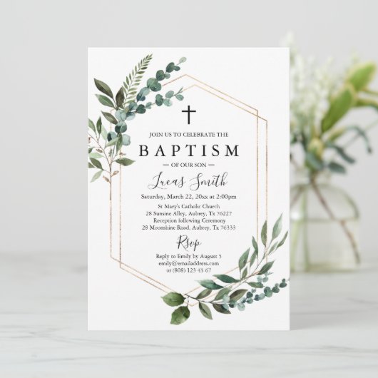 グリーンリー金ゴールドクロスバプテスマ招待状《キリスト教》洗礼式や命名式 招待状 (スタンド正面)