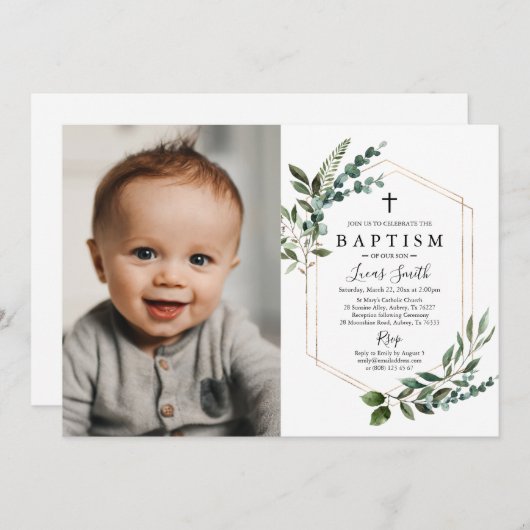 グリーンリー金ゴールドクロスバプテスマ招待状《キリスト教》洗礼式や命名式 招待状 (正面/裏面)