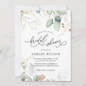グリーンリー金ゴールドユーカリ素朴ブライダルシャワー 招待状 (正面)