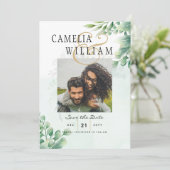 グリーンリー金ゴールド結婚ユーカリのQRコーモダンド 招待状 (スタンド正面)