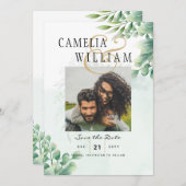 グリーンリー金ゴールド結婚ユーカリのQRコーモダンド 招待状 (正面/裏面)