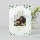 グリーンリー金箔フォトQRコード結婚の日救付き 箔招待状 (立ち正面)