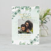 グリーンリー金箔フォトQRコード結婚の日救付き 箔招待状 (立ち正面)