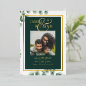 グリーンリー金箔フォトQRコード結婚の日救付き 箔招待状 (立ち正面)