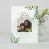 グリーンリー金箔フォトQRコード結婚の日救付き 箔招待状 (立ち正面)