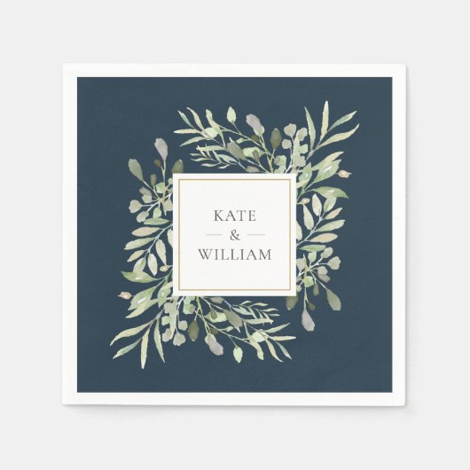 グリーンリー離れ深いシーブルー金ゴールド結婚ズ スタンダードカクテルナプキン (正面)
