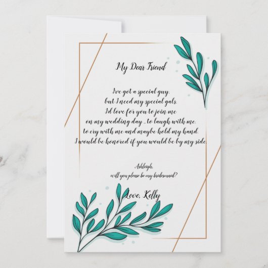 グリーンリー·フローラ· 金ゴールド·フォイルは私の花嫁の付き添い 招待状 (正面)