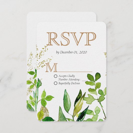 グリーンリー&金ゴールドリーフ離れフレームウェディングRSVP 出欠カード (正面/裏面)