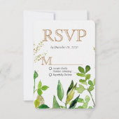グリーンリー&金ゴールドリーフ離れフレームウェディングRSVP 出欠カード (正面)